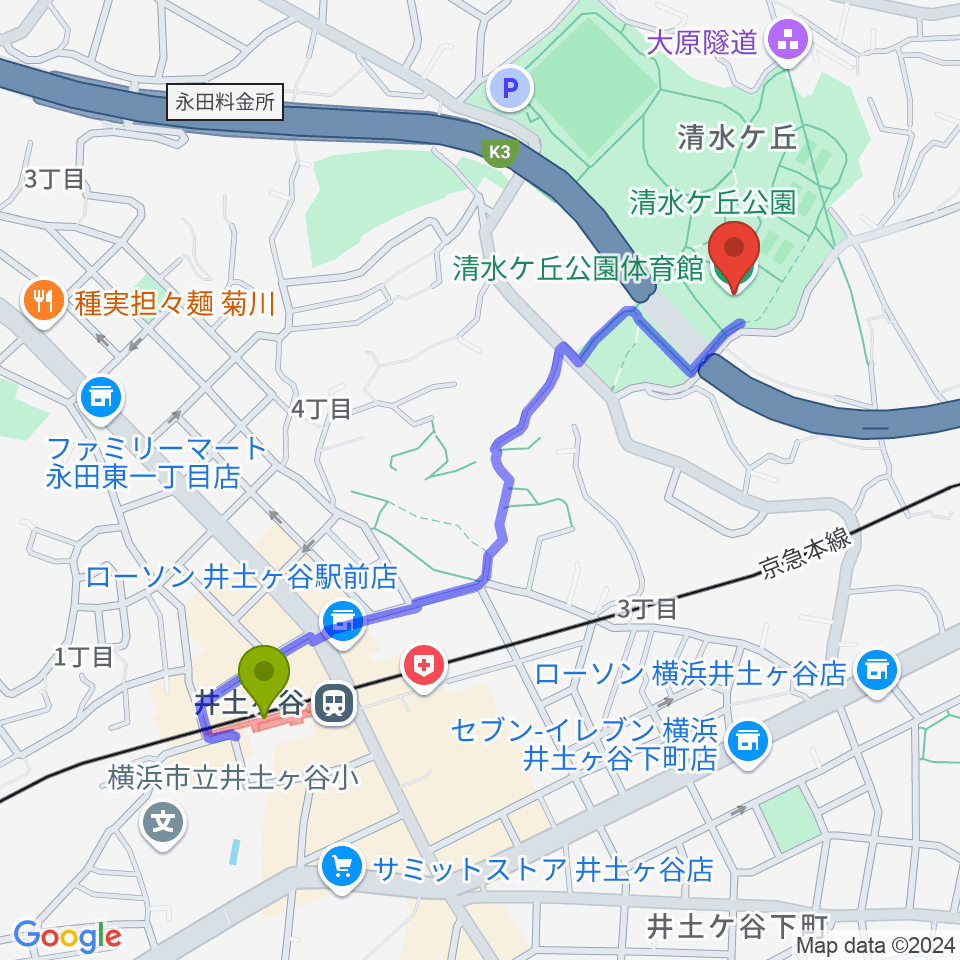 清水ケ丘公園体育館の最寄駅井土ヶ谷駅からの徒歩ルート（約10分）地図