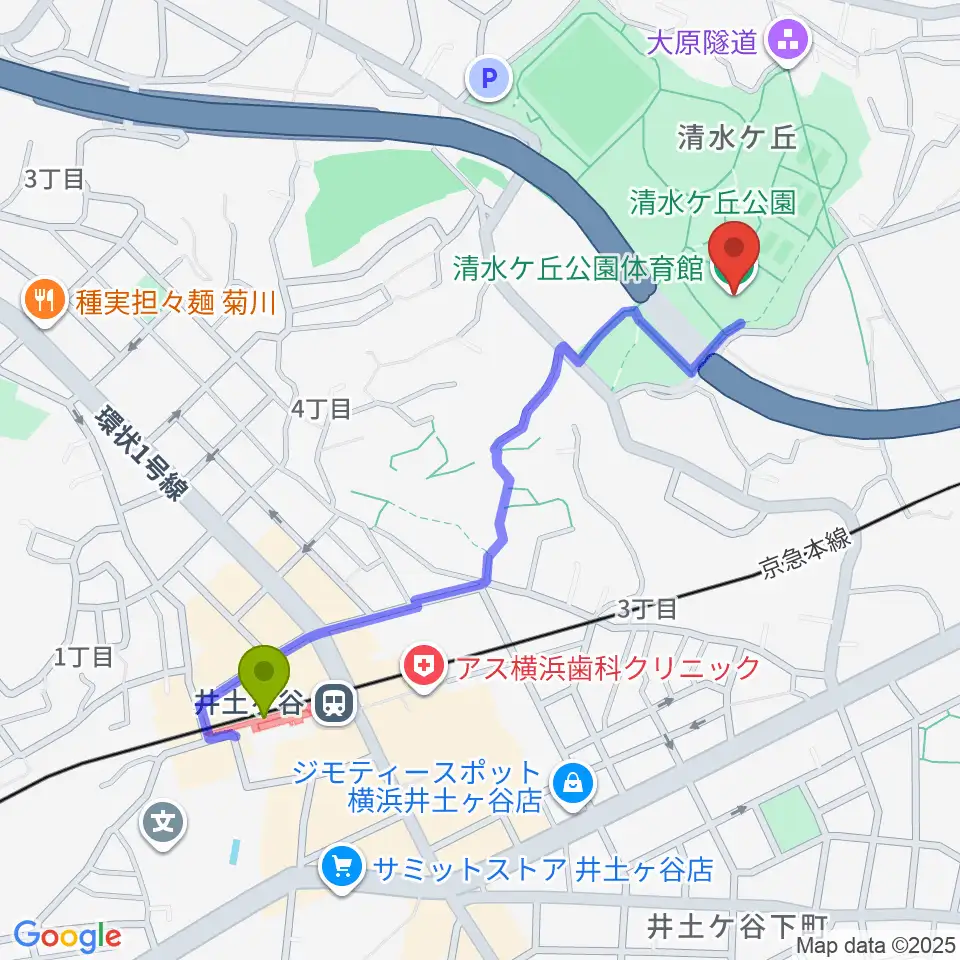 清水ケ丘公園体育館の最寄駅井土ヶ谷駅からの徒歩ルート（約10分）地図