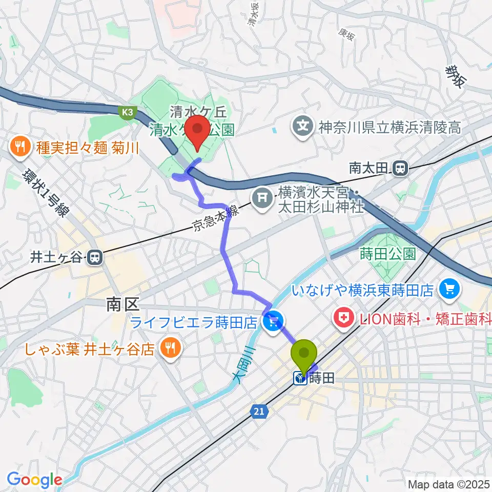 蒔田駅から清水ケ丘公園体育館へのルートマップ地図