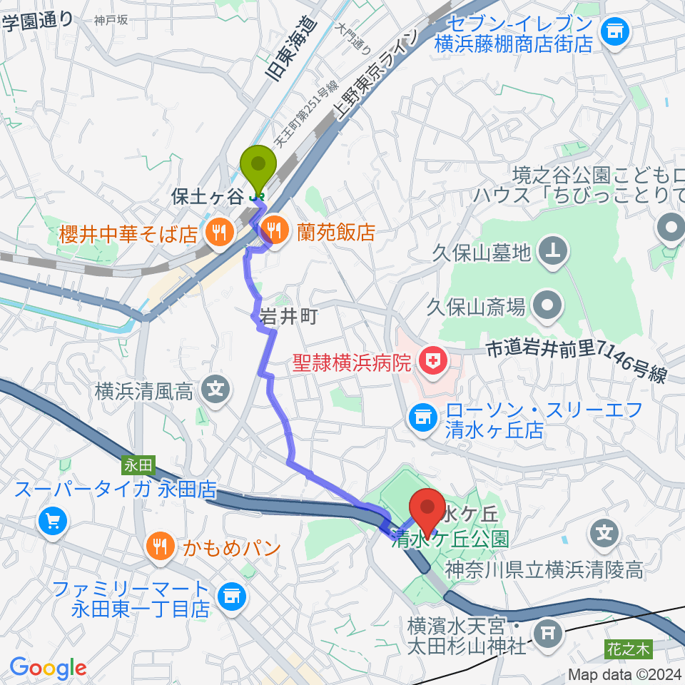 保土ケ谷駅から清水ケ丘公園プールへのルートマップ地図