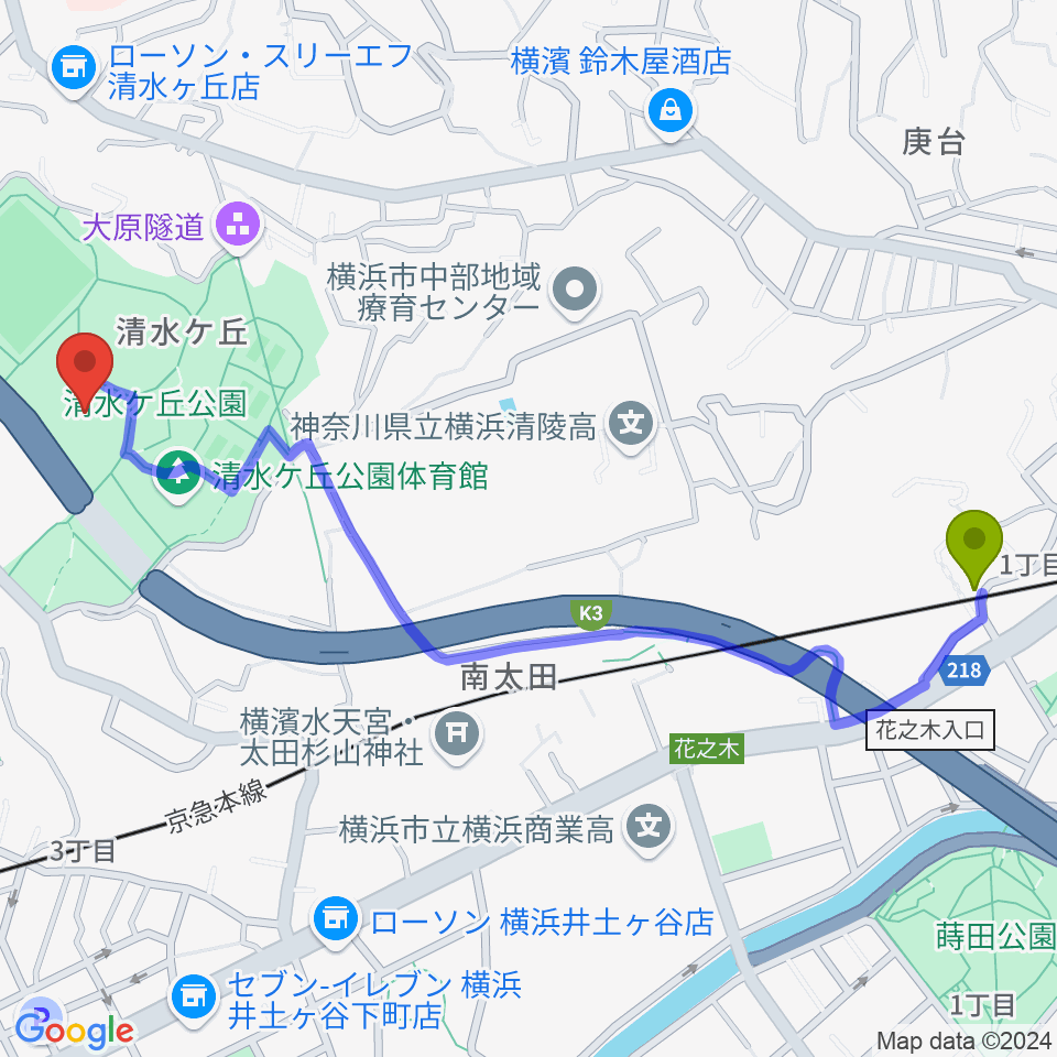 南太田駅から清水ケ丘公園プールへのルートマップ地図