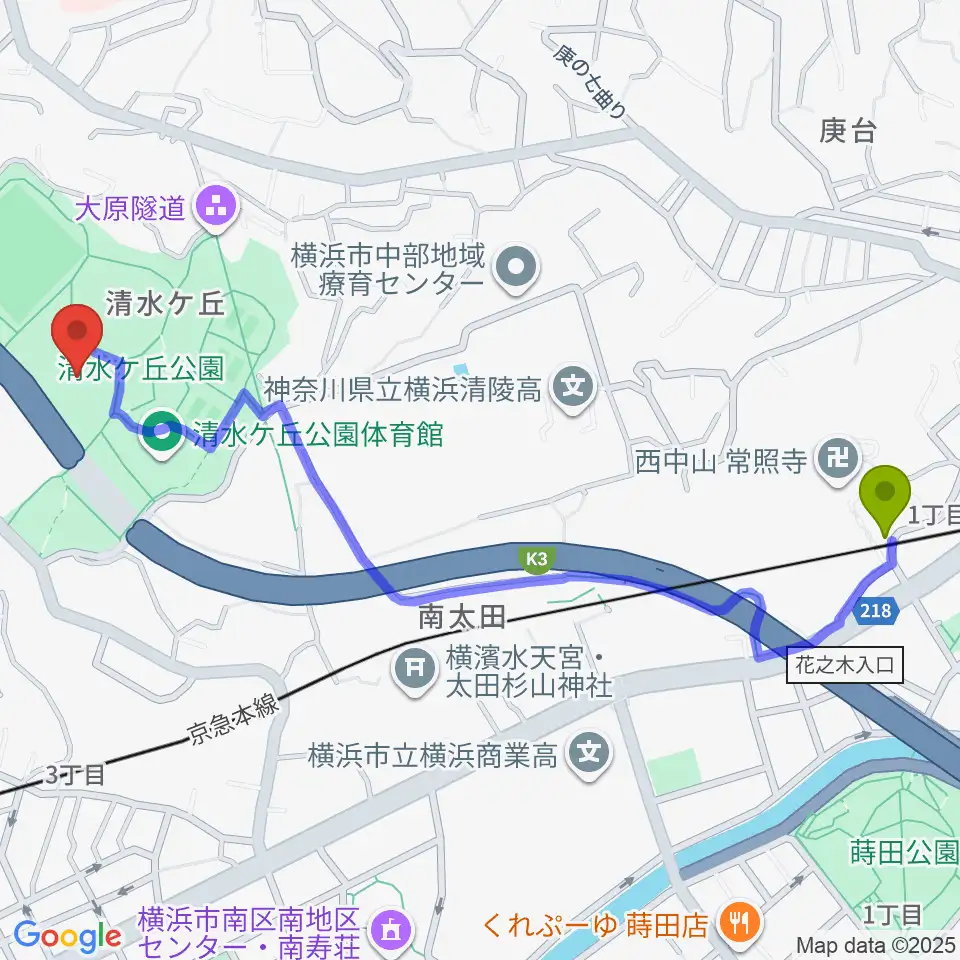 南太田駅から清水ケ丘公園プールへのルートマップ地図