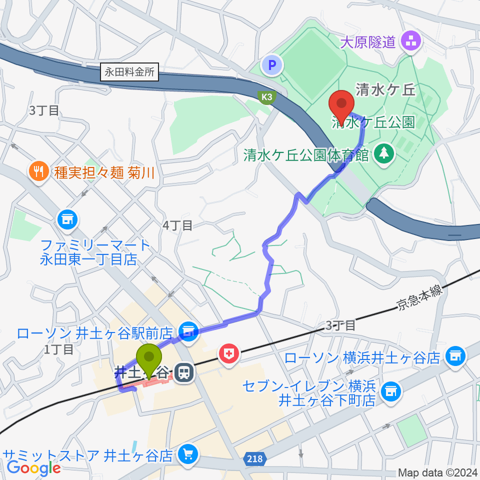 清水ケ丘公園プールの最寄駅井土ヶ谷駅からの徒歩ルート（約10分）地図