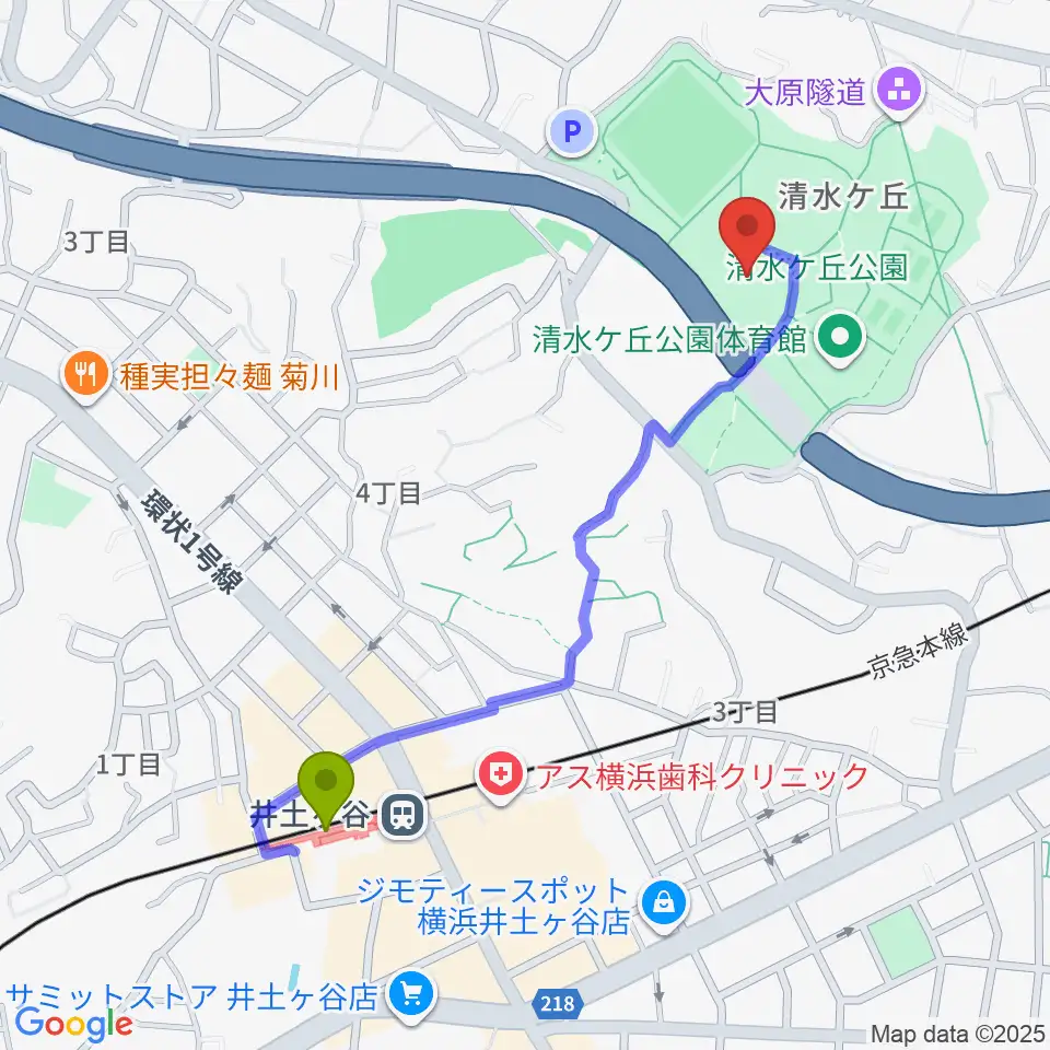 清水ケ丘公園プールの最寄駅井土ヶ谷駅からの徒歩ルート（約10分）地図
