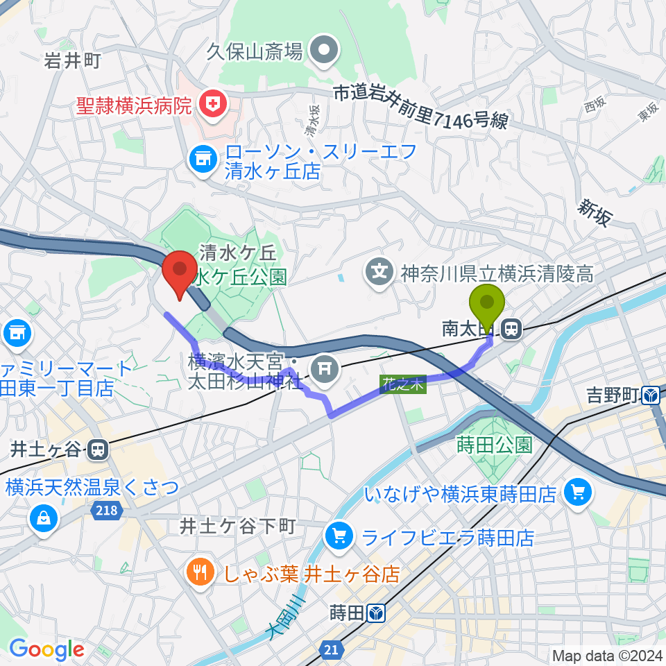 南太田駅から清水ケ丘公園多目的広場へのルートマップ地図