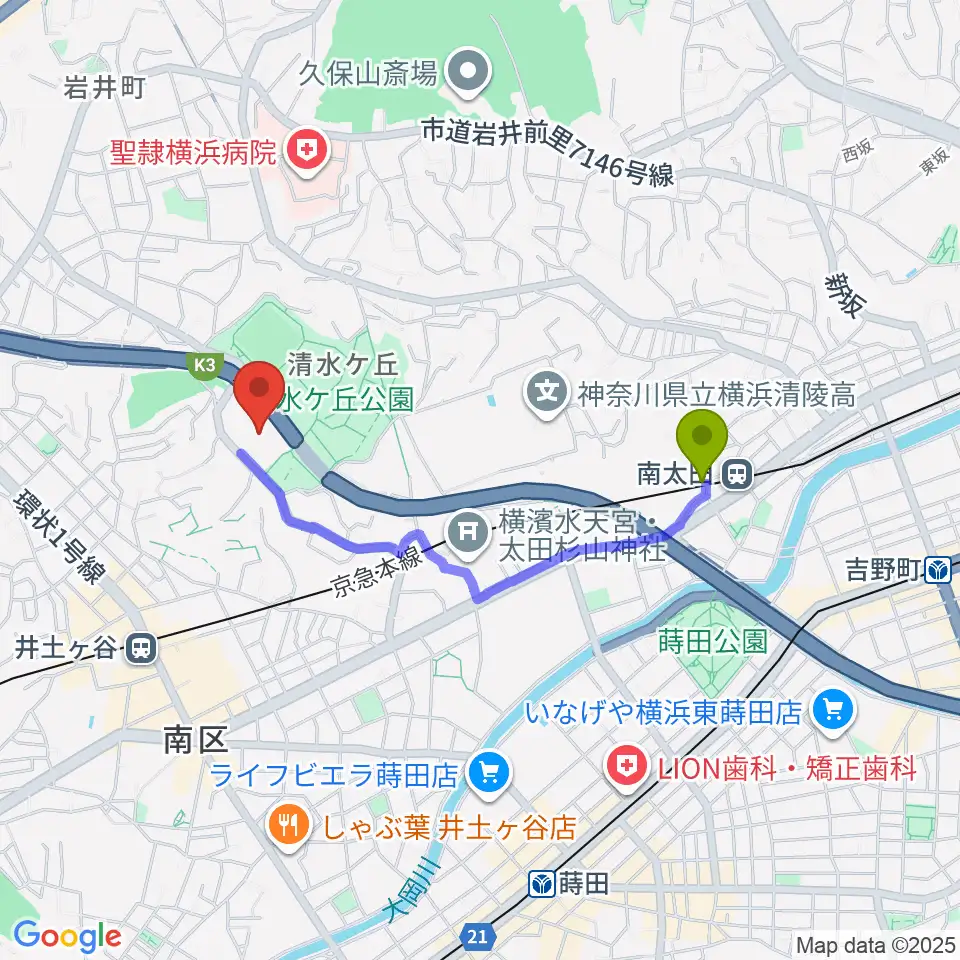南太田駅から清水ケ丘公園多目的広場へのルートマップ地図