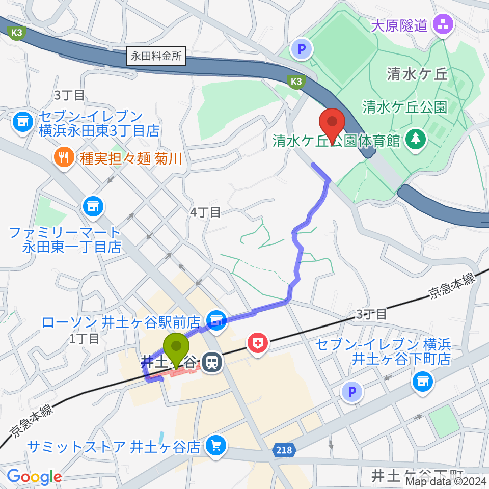 清水ケ丘公園多目的広場の最寄駅井土ヶ谷駅からの徒歩ルート（約9分）地図