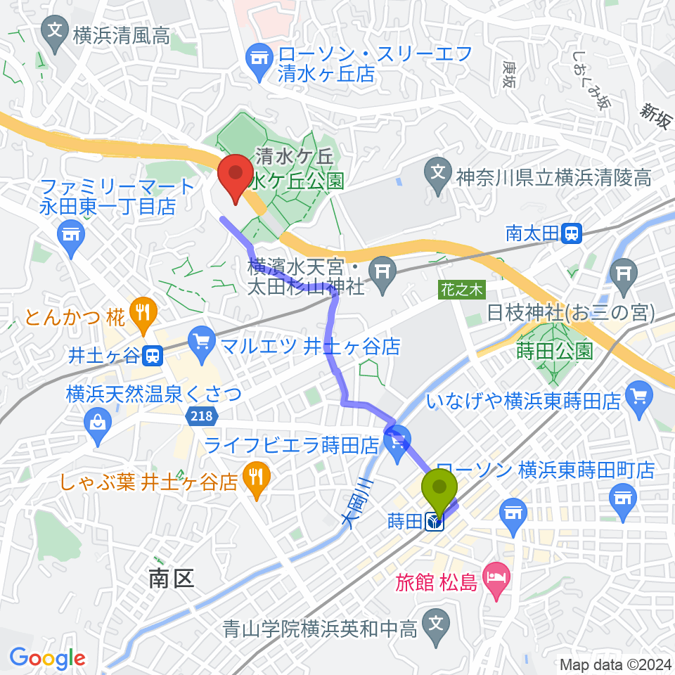 蒔田駅から清水ケ丘公園多目的広場へのルートマップ地図