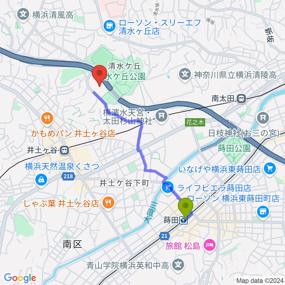 蒔田駅から清水ケ丘公園多目的広場へのルートマップ地図