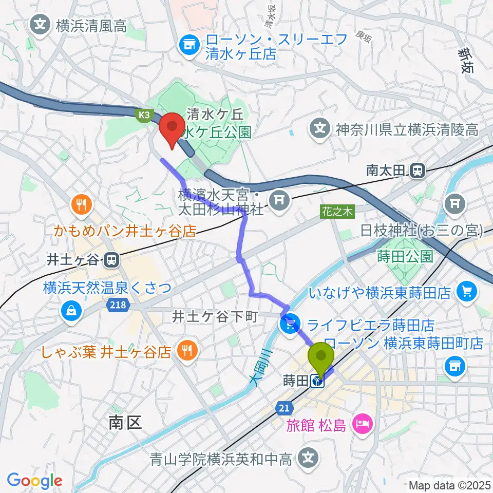 蒔田駅から清水ケ丘公園多目的広場へのルートマップ地図