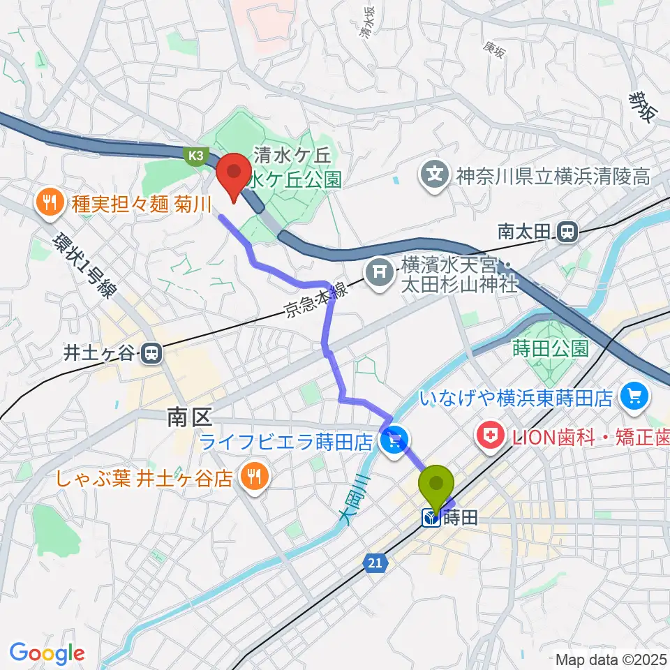 蒔田駅から清水ケ丘公園多目的広場へのルートマップ地図