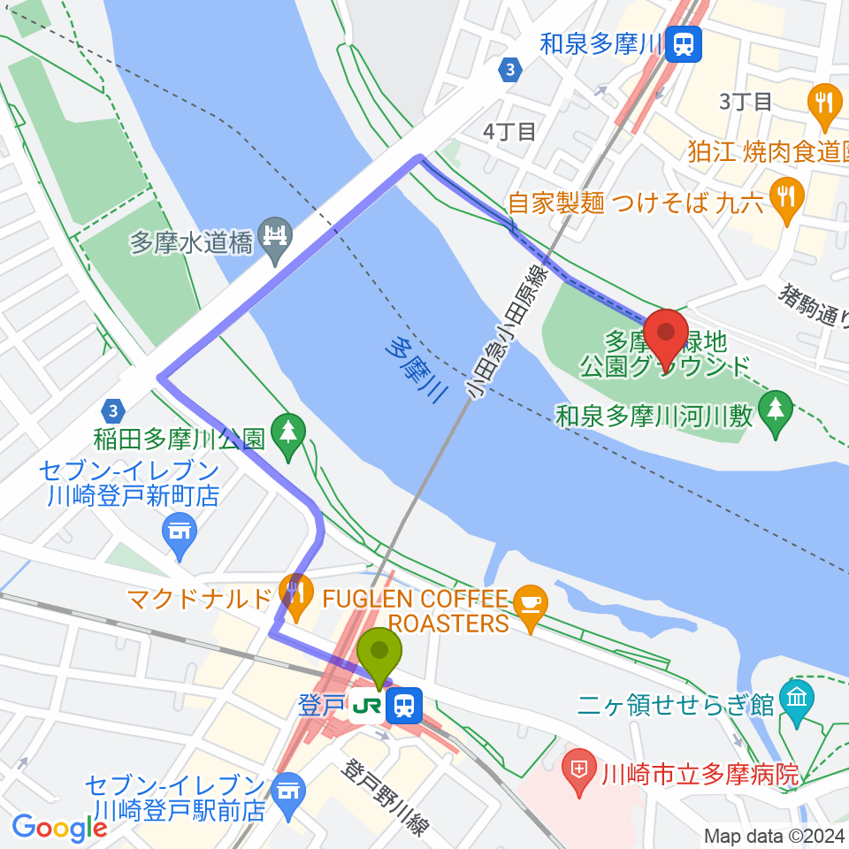 登戸駅から多摩川緑地公園グランドへのルートマップ地図