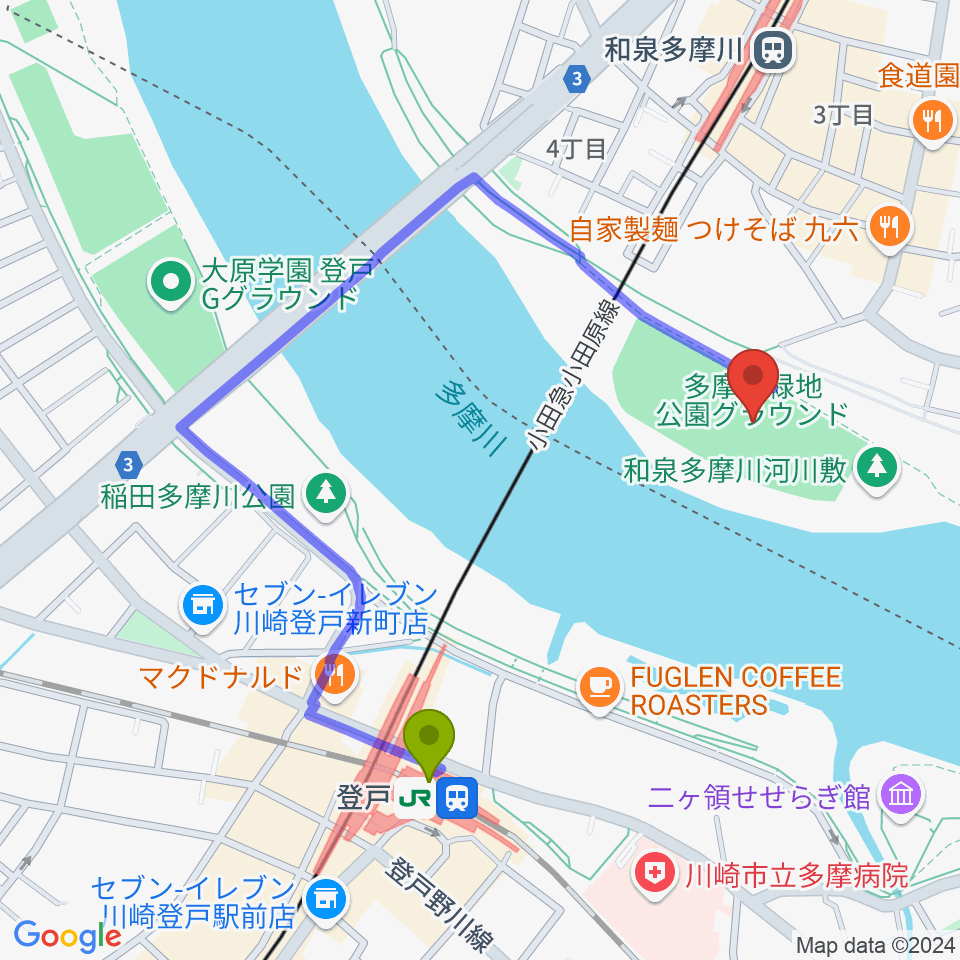 登戸駅から多摩川緑地公園グランドへのルートマップ地図