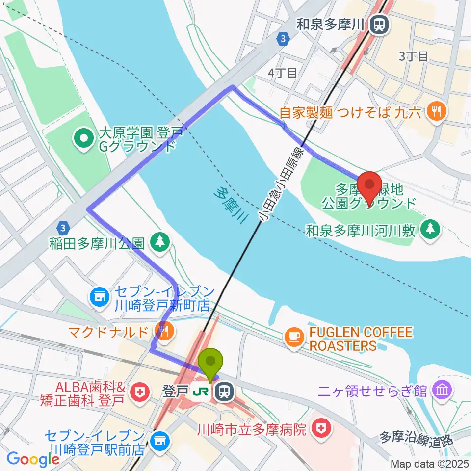 登戸駅から多摩川緑地公園グランドへのルートマップ地図