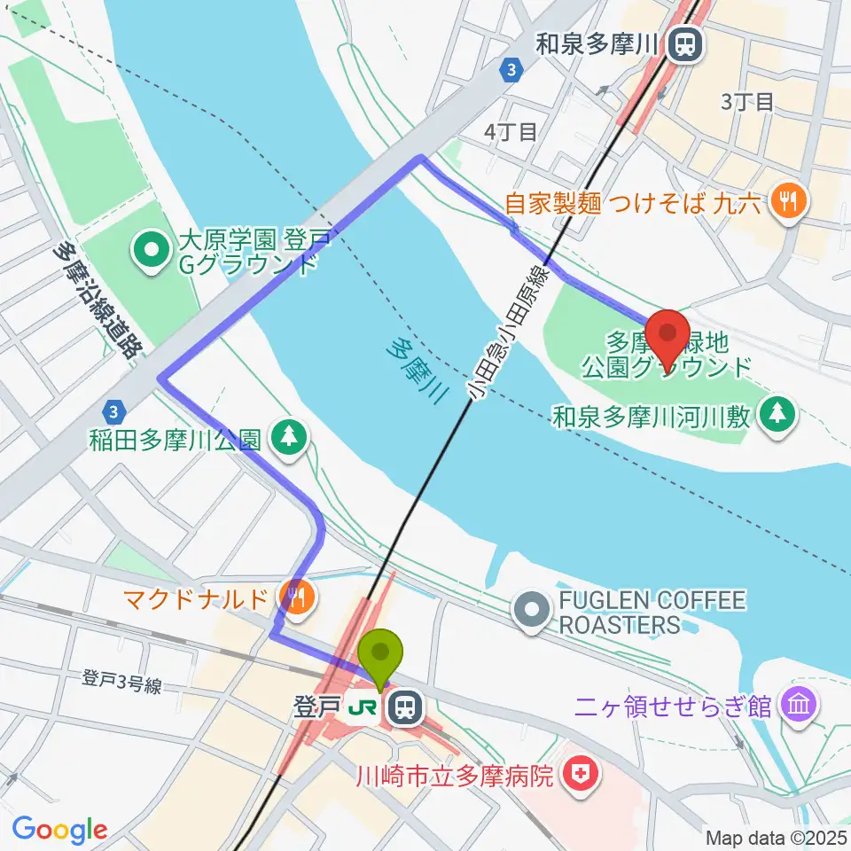登戸駅から多摩川緑地公園グランドへのルートマップ地図