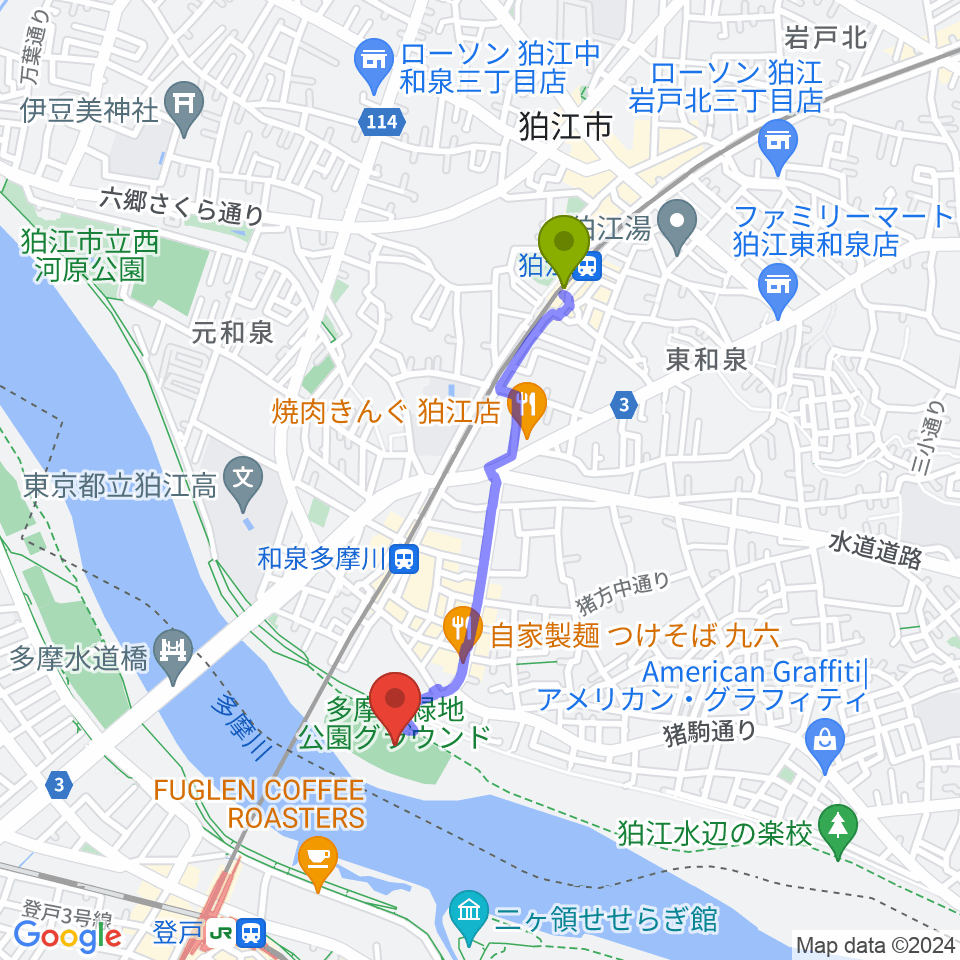 狛江駅から多摩川緑地公園グランドへのルートマップ地図