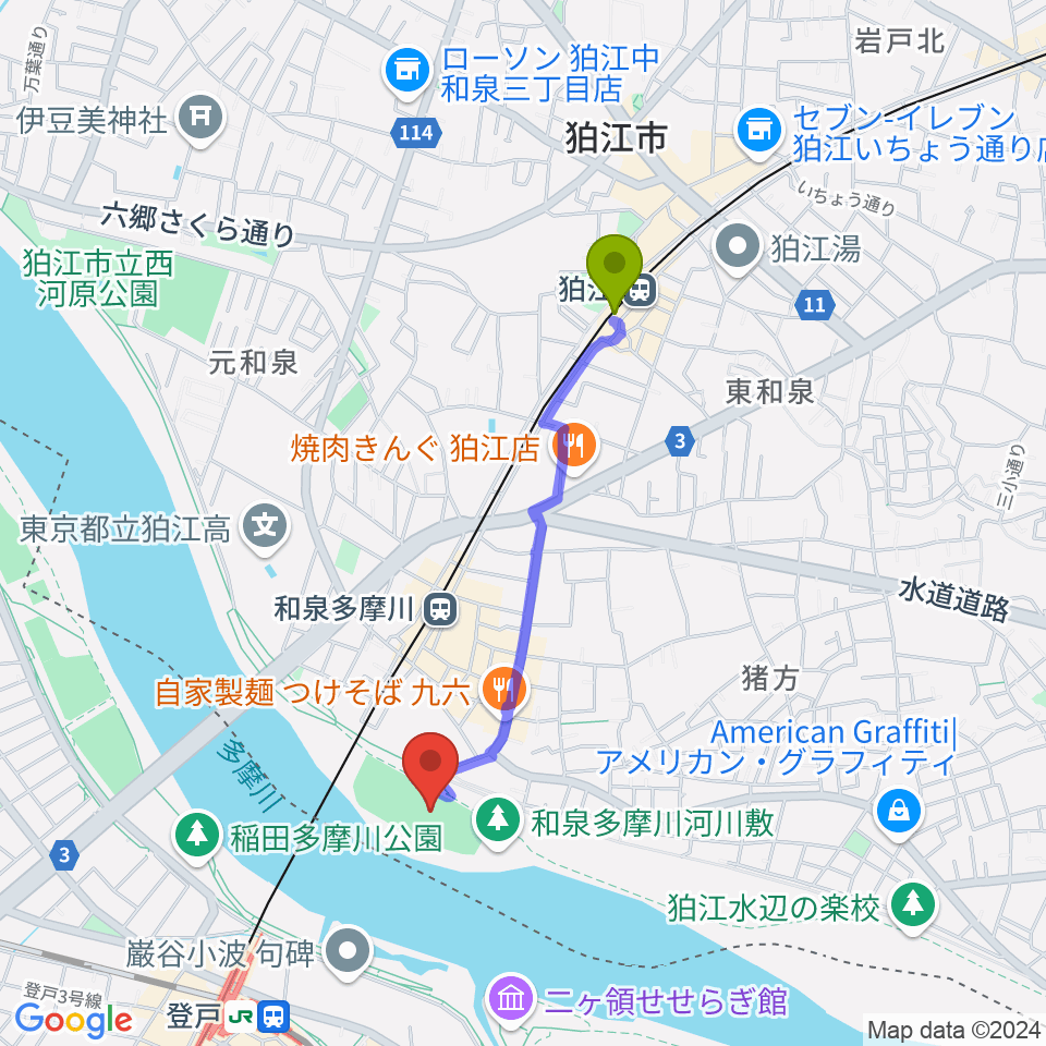 狛江駅から多摩川緑地公園グランドへのルートマップ地図