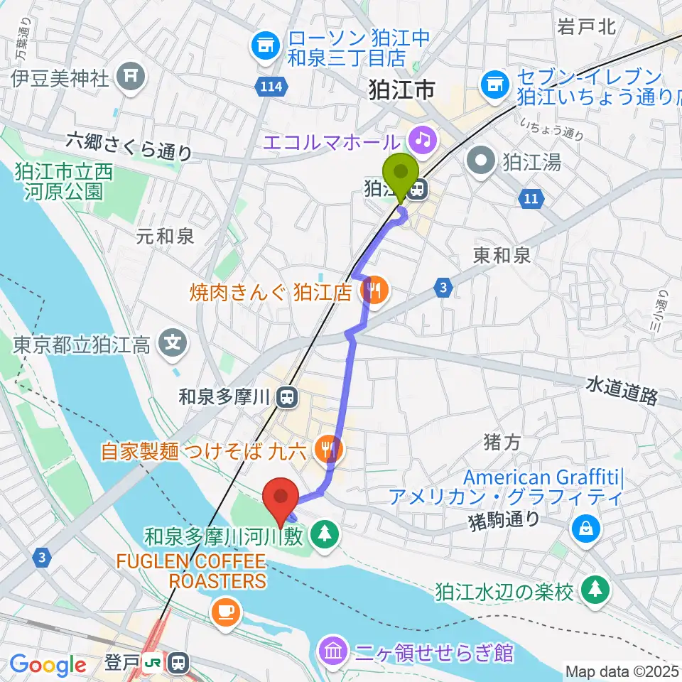 狛江駅から多摩川緑地公園グランドへのルートマップ地図