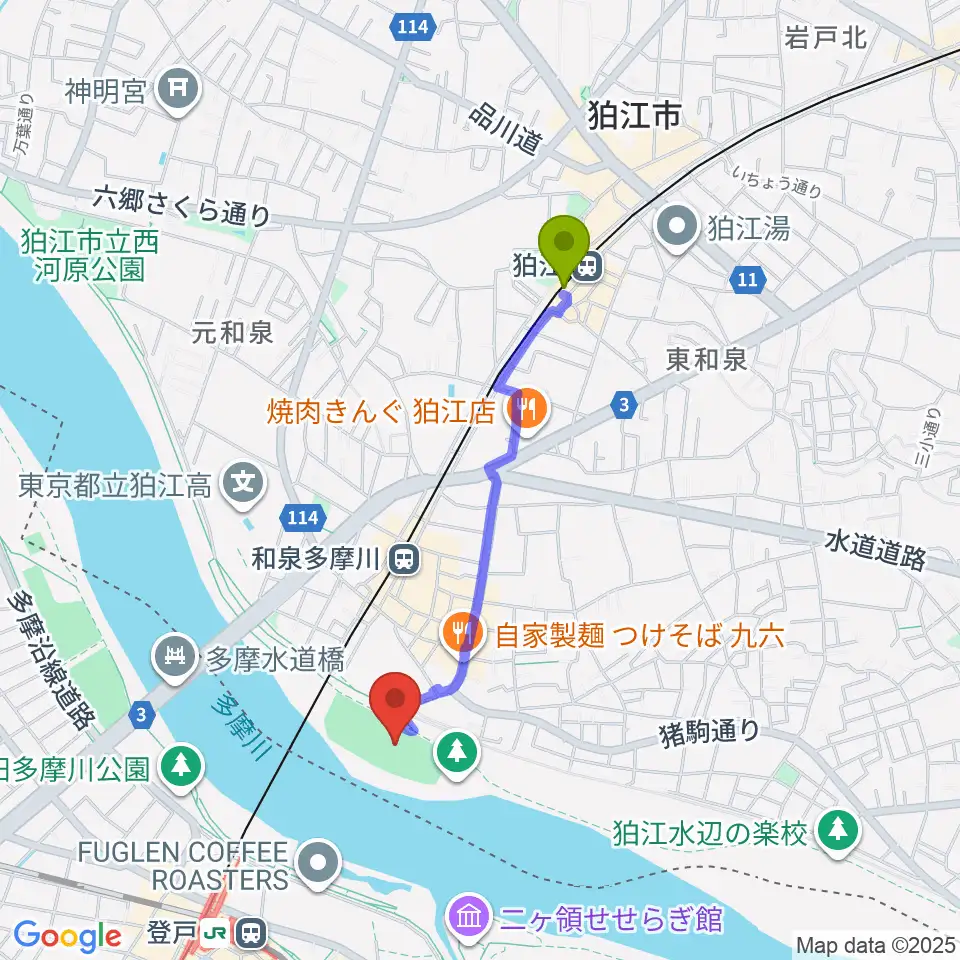 狛江駅から多摩川緑地公園グランドへのルートマップ地図