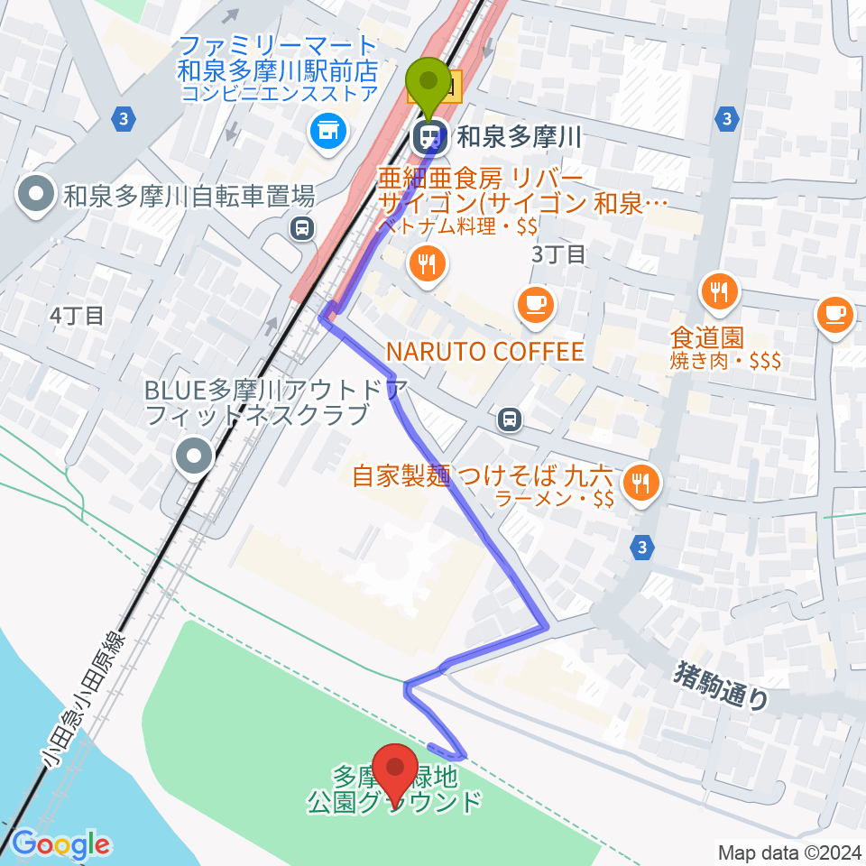 多摩川緑地公園グランドの最寄駅和泉多摩川駅からの徒歩ルート（約6分）地図