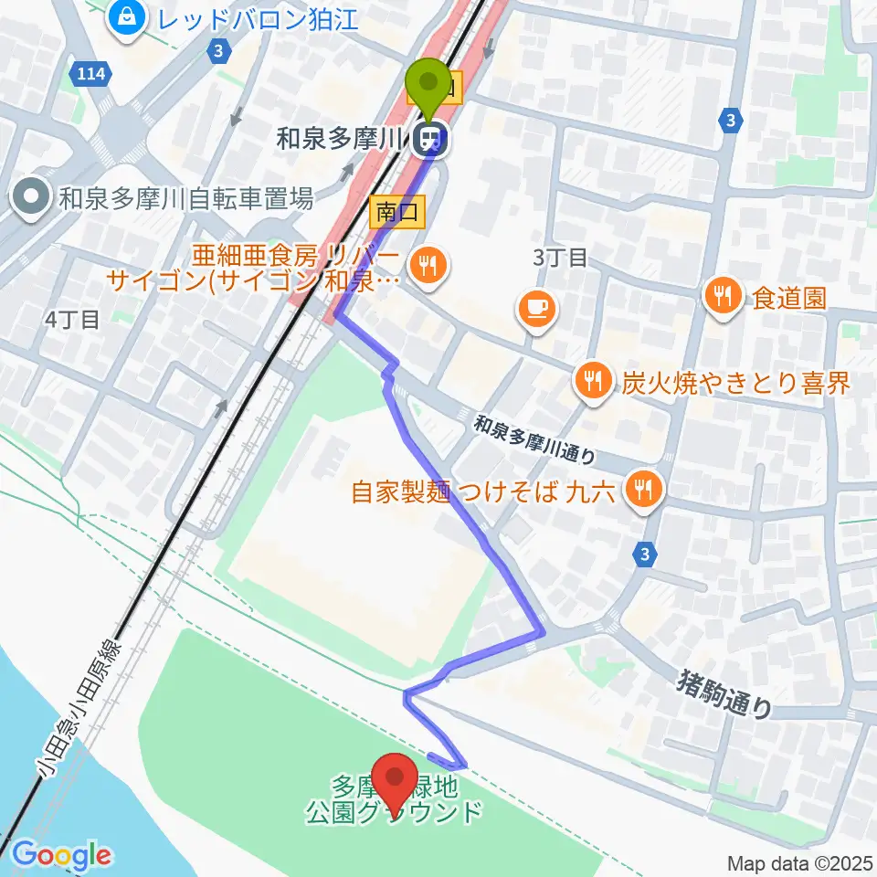 多摩川緑地公園グランドの最寄駅和泉多摩川駅からの徒歩ルート（約6分）地図