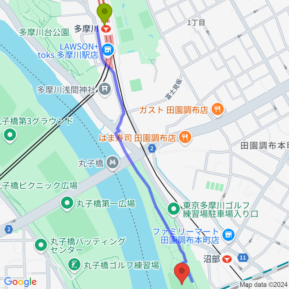 多摩川駅から多摩川丸子橋緑地少年野球場へのルートマップ地図