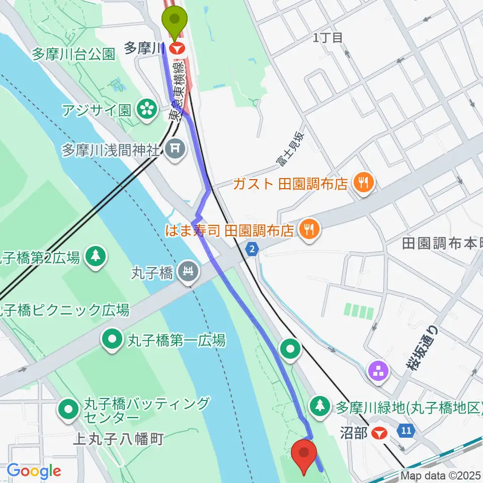 多摩川駅から多摩川丸子橋緑地少年野球場へのルートマップ地図