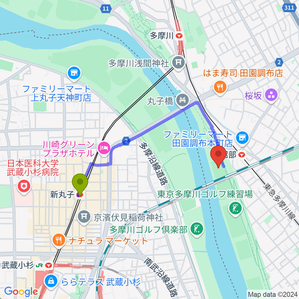 新丸子駅から多摩川丸子橋緑地少年野球場へのルートマップ地図