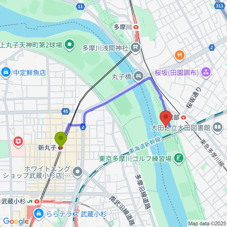 新丸子駅から多摩川丸子橋緑地少年野球場へのルートマップ地図