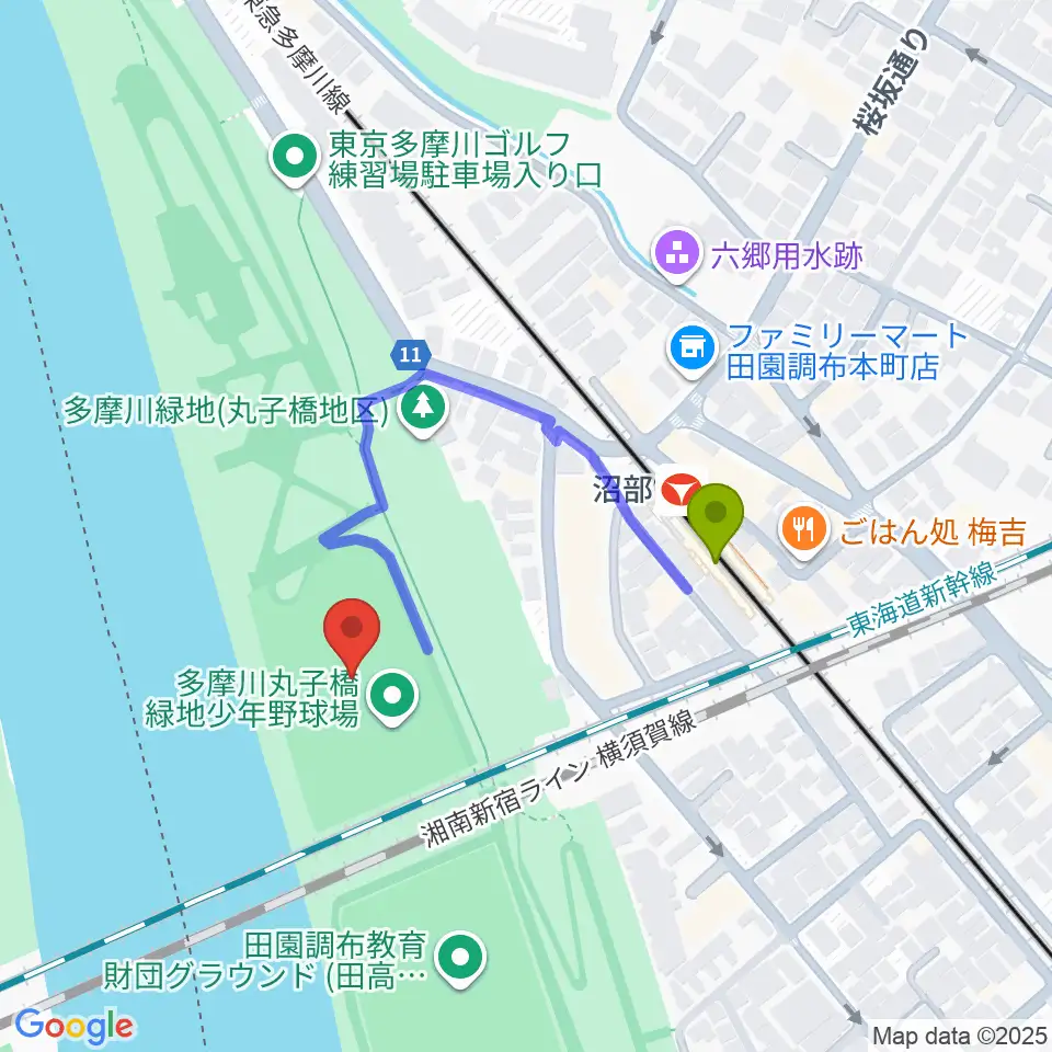 多摩川丸子橋緑地少年野球場の最寄駅沼部駅からの徒歩ルート（約3分）地図