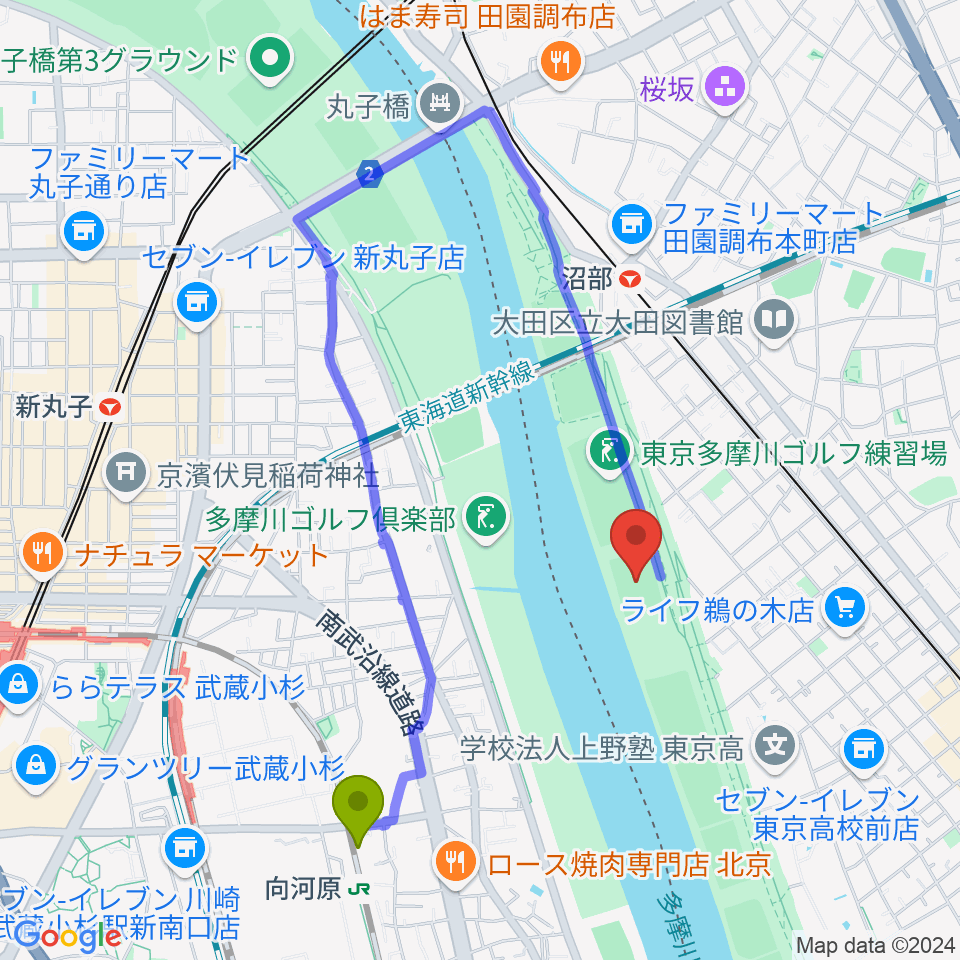 向河原駅から鵜の木緑地球技場へのルートマップ地図