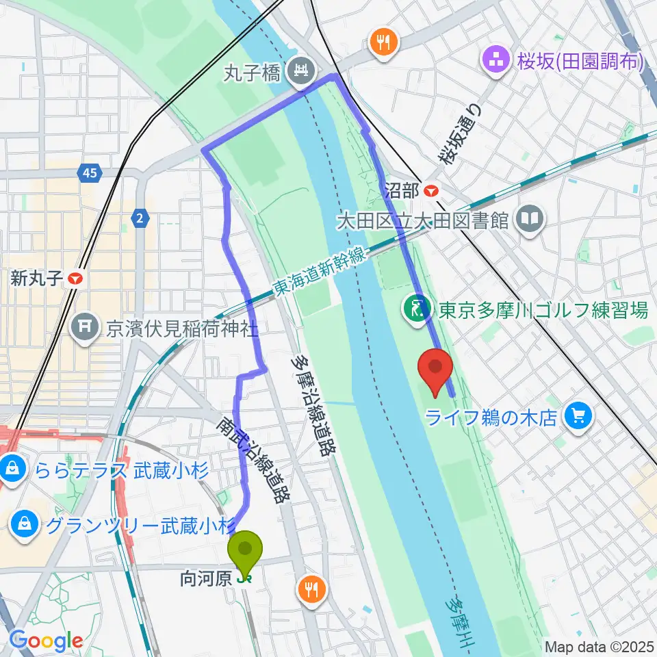 向河原駅から鵜の木緑地球技場へのルートマップ地図