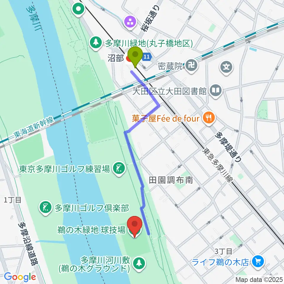 鵜の木緑地球技場の最寄駅沼部駅からの徒歩ルート（約9分）地図