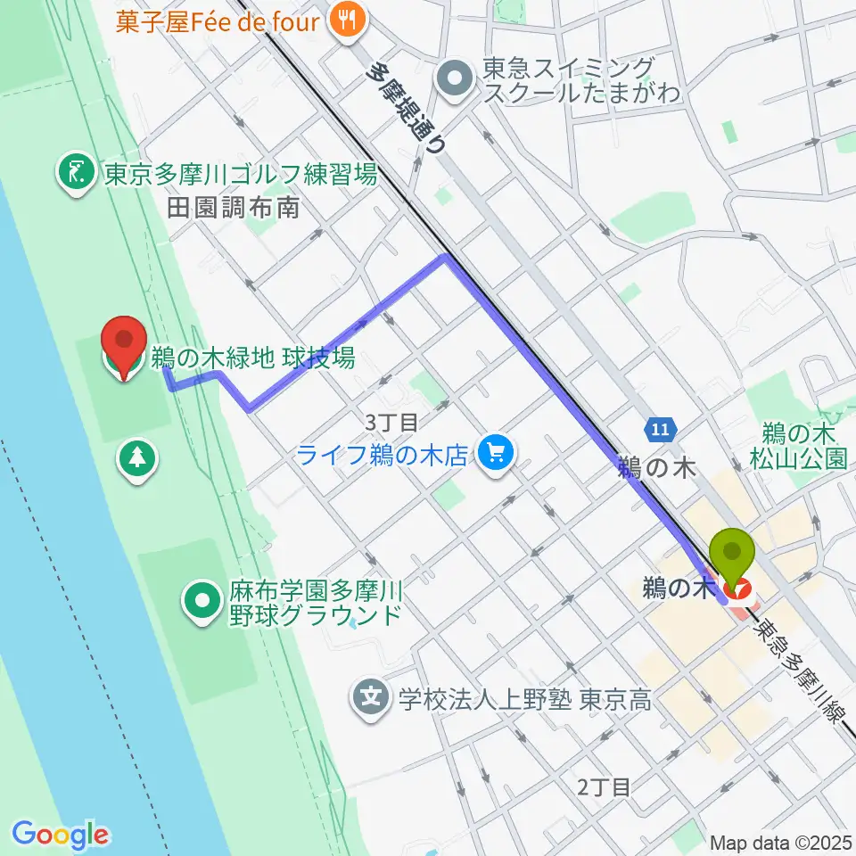 鵜の木駅から鵜の木緑地球技場へのルートマップ地図