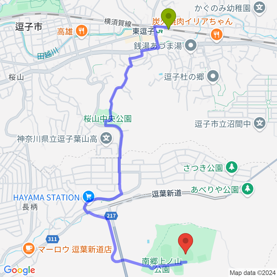 南郷上ノ山公園野球場の最寄駅東逗子駅からの徒歩ルート（約25分）地図