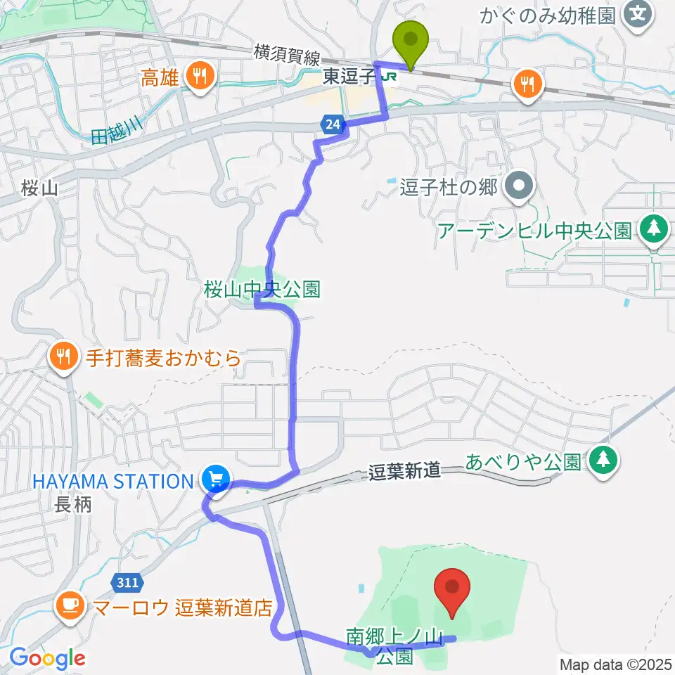南郷上ノ山公園野球場の最寄駅東逗子駅からの徒歩ルート（約25分）地図