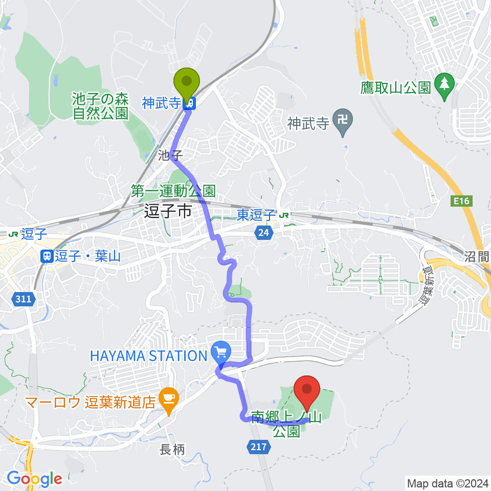 神武寺駅から南郷上ノ山公園野球場へのルートマップ地図