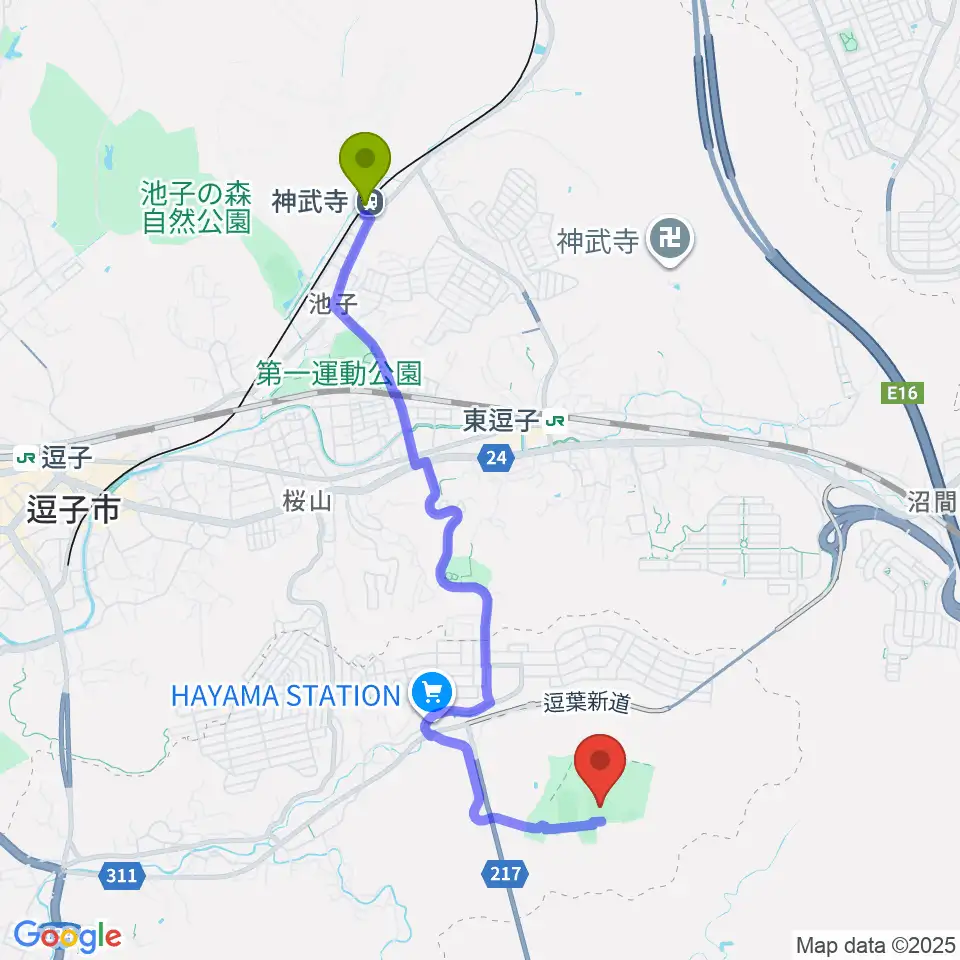 神武寺駅から南郷上ノ山公園野球場へのルートマップ地図