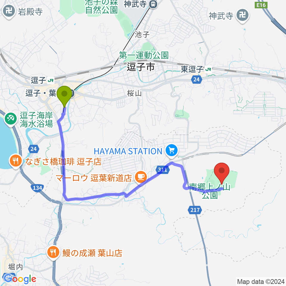 逗子・葉山駅から南郷上ノ山公園野球場へのルートマップ地図