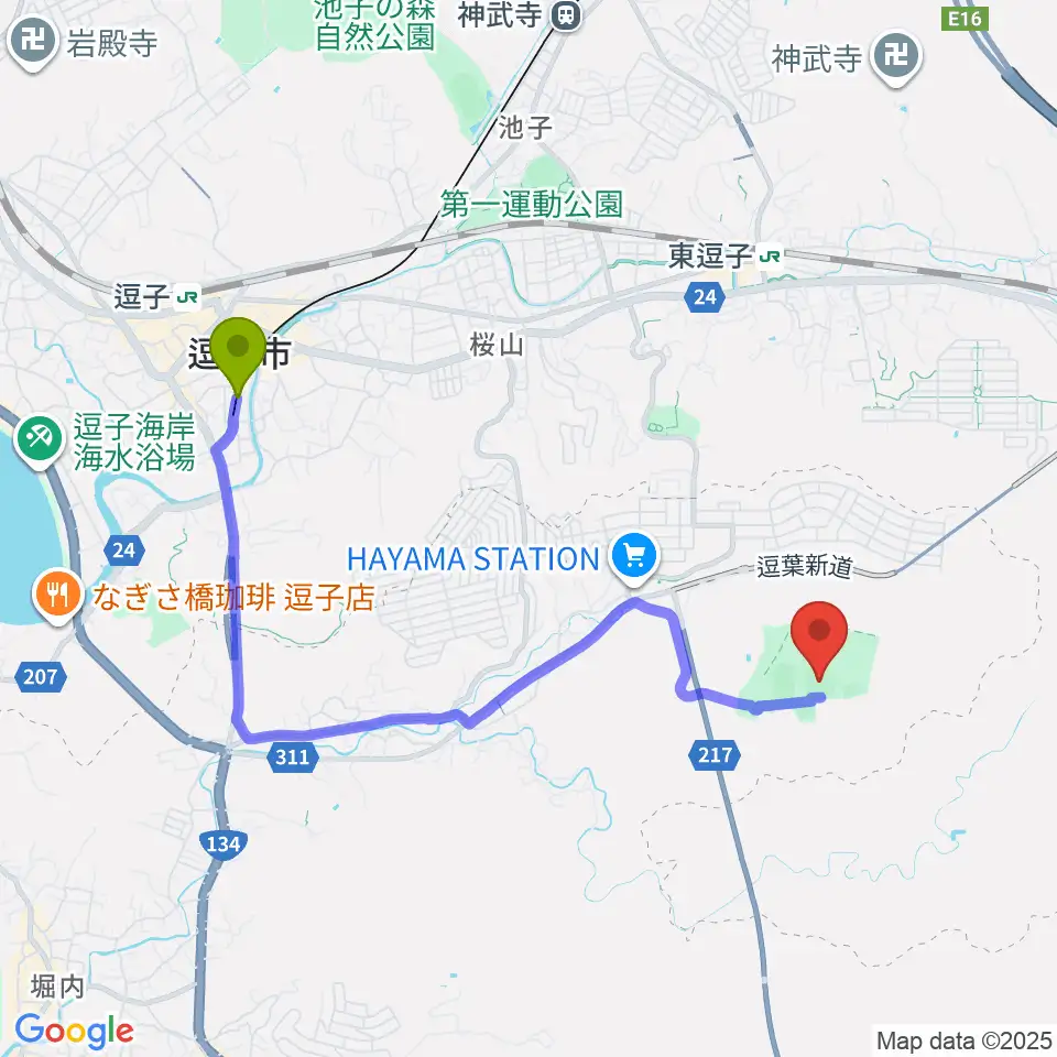 逗子・葉山駅から南郷上ノ山公園野球場へのルートマップ地図