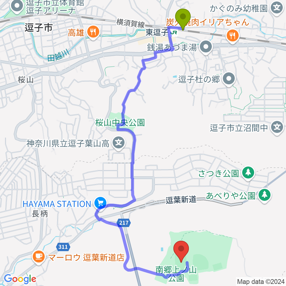 南郷上ノ山公園多目的グラウンドの最寄駅東逗子駅からの徒歩ルート（約25分）地図