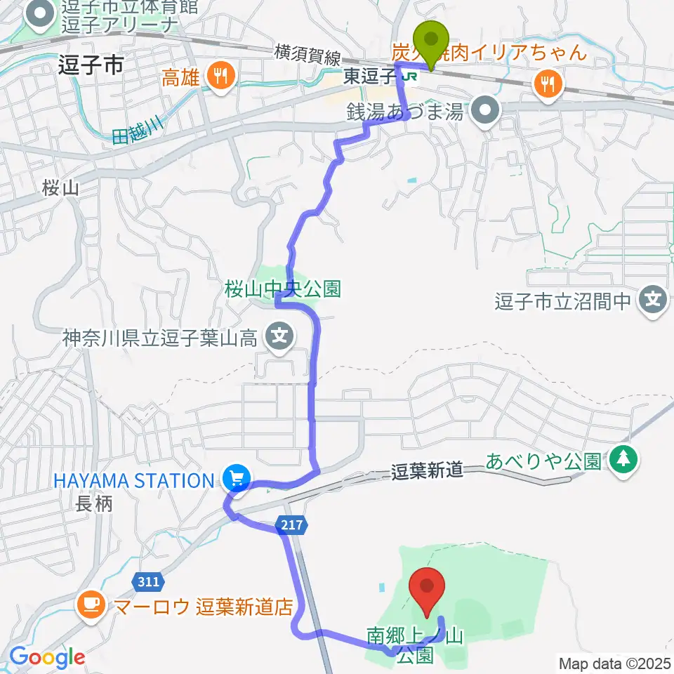 南郷上ノ山公園多目的グラウンドの最寄駅東逗子駅からの徒歩ルート（約25分）地図