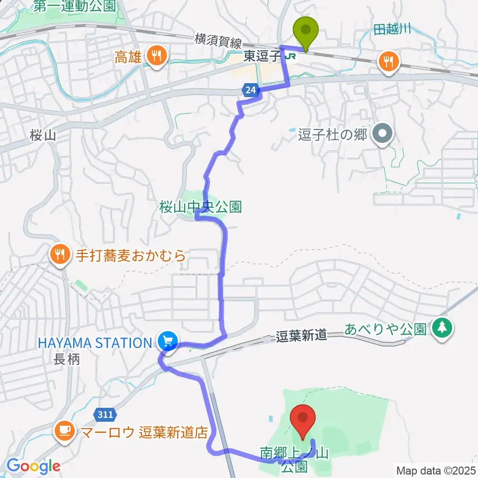 南郷上ノ山公園多目的グラウンドの最寄駅東逗子駅からの徒歩ルート（約25分）地図