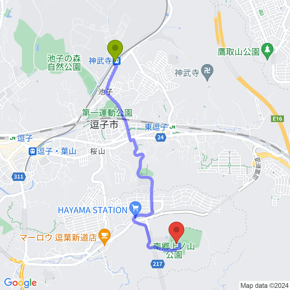 神武寺駅から南郷上ノ山公園多目的グラウンドへのルートマップ地図