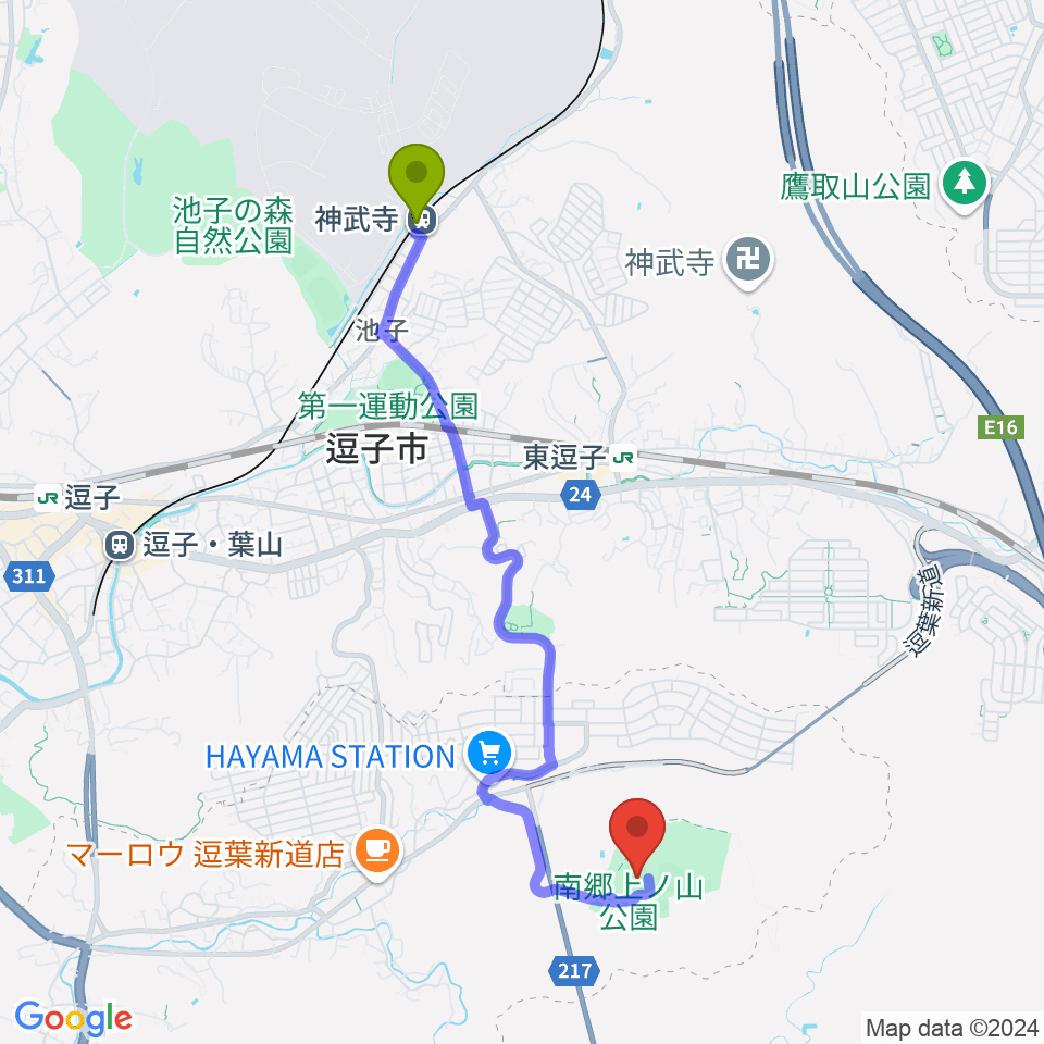 神武寺駅から南郷上ノ山公園多目的グラウンドへのルートマップ地図