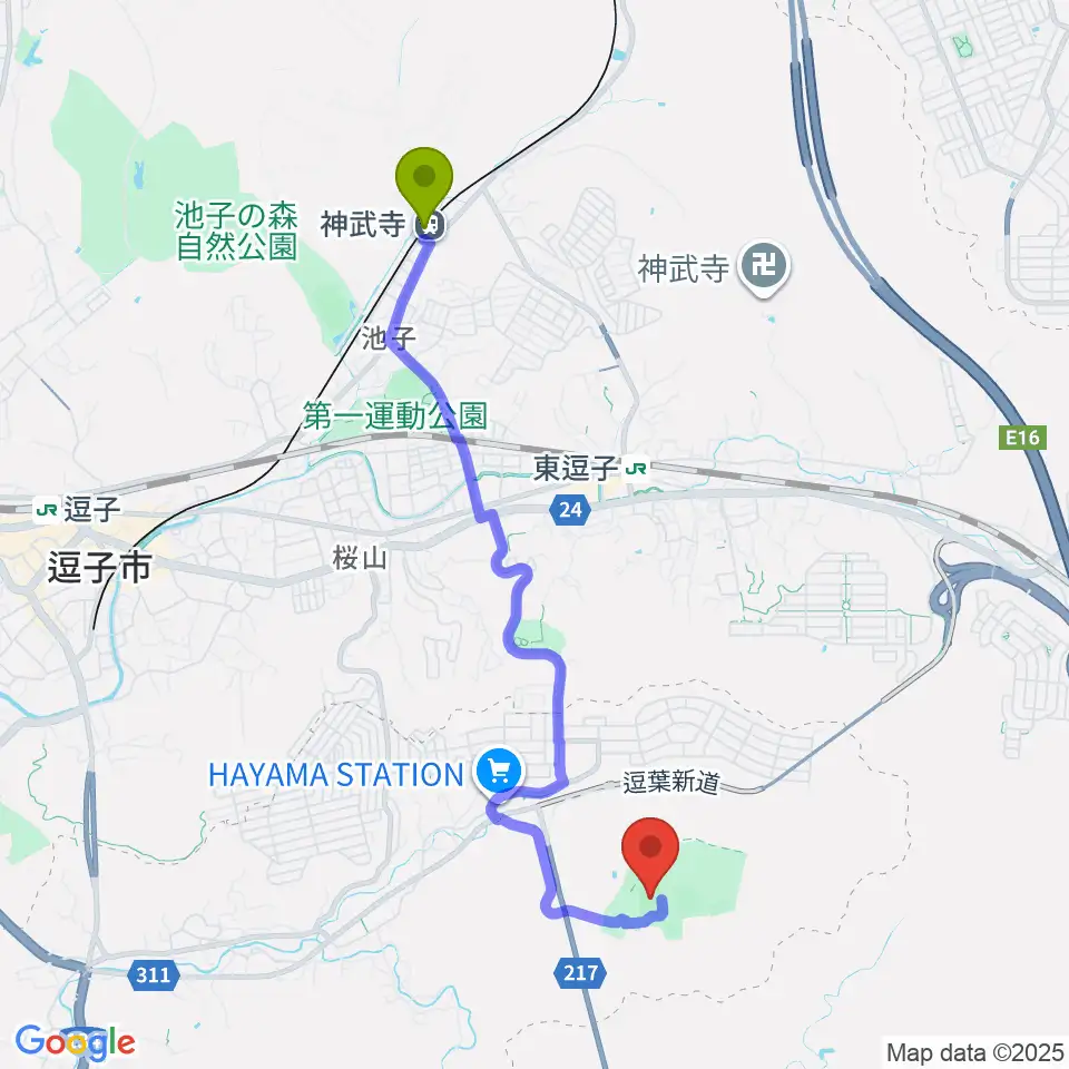 神武寺駅から南郷上ノ山公園多目的グラウンドへのルートマップ地図