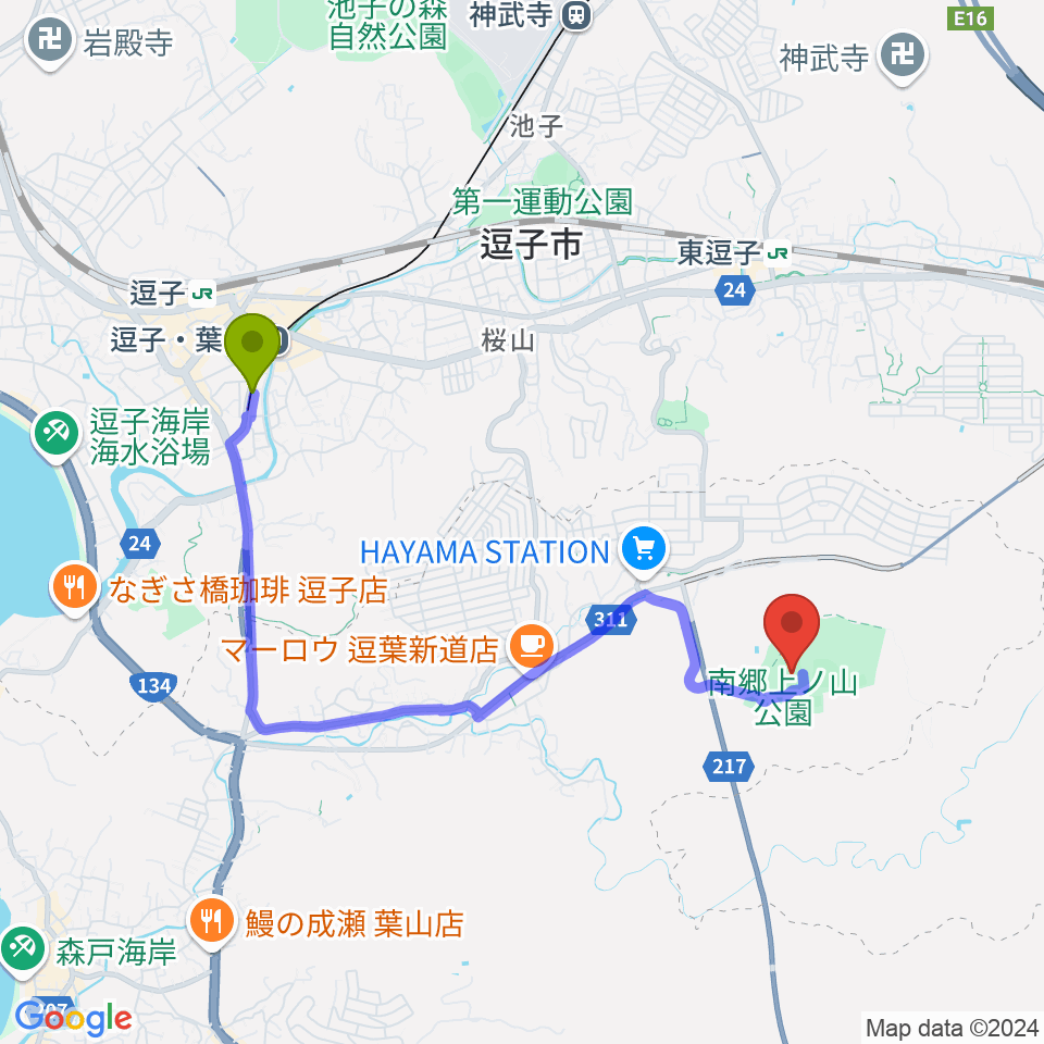 逗子・葉山駅から南郷上ノ山公園多目的グラウンドへのルートマップ地図