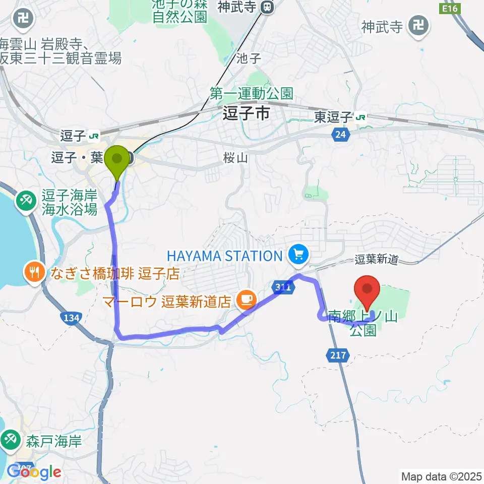 逗子・葉山駅から南郷上ノ山公園多目的グラウンドへのルートマップ地図