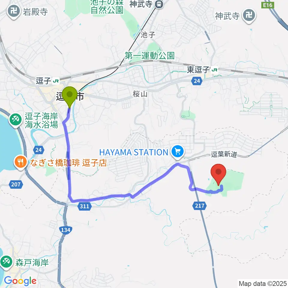 逗子・葉山駅から南郷上ノ山公園多目的グラウンドへのルートマップ地図