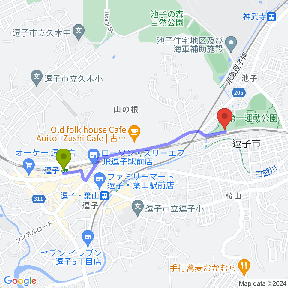 逗子駅から逗子アリーナへのルートマップ地図